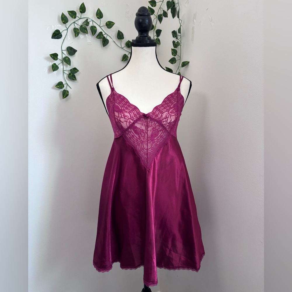 La Vie En Rose Satin Chemise Slip Dress with Lace - Deep Pink Red Size S